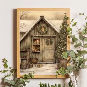 Winter Rustic Cabin Print Art, Christmas Cabin Wall Art, Printable Winter Wall Decor, Christmas Print, Vintage Cabin Painting, Farmhouse Art