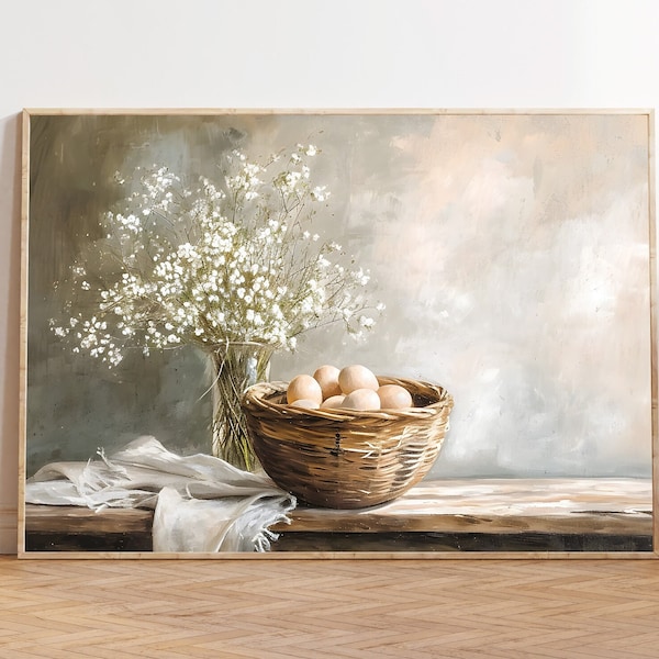 Basket of Eggs Painting, White Flowers Vase Art, Farmhouse Kitchen Art Print, PRINTABLE ART, Country Art Print, Neutral Still Life Painting