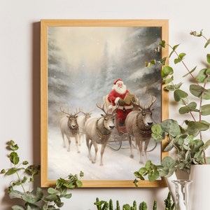 Santa Claus on Sleigh | Reindeers | Father Christmas on Sleigh | Santa PRINTABLE Wall Art | Santa Artwork | Moody Christmas Artwork