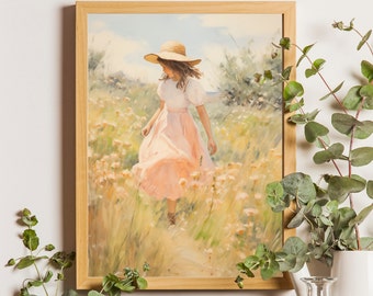 Peinture Girl in Meadow : oeuvre d'art murale florale d'été imprimable (téléchargement numérique)