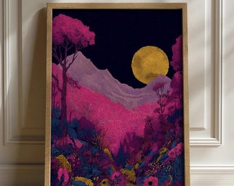 Magical Full Moon Over Vibrant Mountains - Moody Night Sky, Surreal Landscape Wall Art, Digital Download, Psychedelic Printable