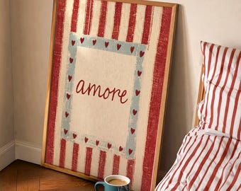 Amore Print, Italian Love Burgundy Striped Romantic Wall Art, Amore Heart Print, Vintage Cottagecore Valentines Day Wall Decor PRINTABLE
