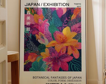 Printable Exotic Lily & Blossom Art: Japanese Exhibition Poster, Vibrant Tropical Floral Art, Botanical Digital Decor, Colorful Wall Art