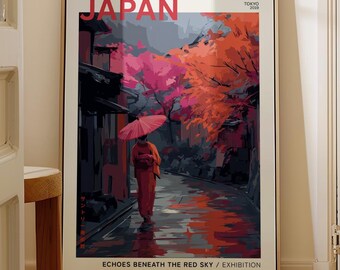 Japanese Autumn Street Art Print, Geisha With Umbrella Wall Art, Pink Red Maple Trees, Moody Rainy Alley Illustration Home Decor