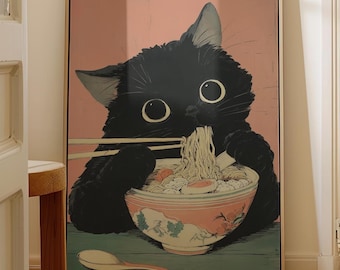 Black Cat Eating Noodles, Japan Art Print, Japanese Wall Decor, Aesthetic Wall Art, Unique Cat Lover Gift, Trendy Wall Art Digital Download