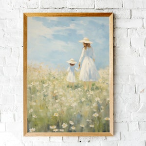 Peut inclure: Une peinture repr&eacute;sentant deux personnes, une femme et un enfant, marchant dans un champ de fleurs blanches. La femme porte une robe blanche et un chapeau blanc, et l'enfant porte une robe blanche et un chapeau blanc. Le ciel est bleu et il y a des nuages dans le ciel.