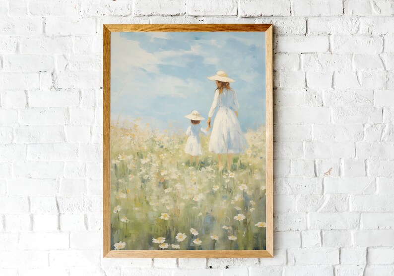 Peut inclure: Une peinture repr&eacute;sentant deux personnes, une femme et un enfant, marchant dans un champ de fleurs blanches. La femme porte une robe blanche et un chapeau blanc, et l'enfant porte une robe blanche et un chapeau blanc. Le ciel est bleu et il y a des nuages dans le ciel.