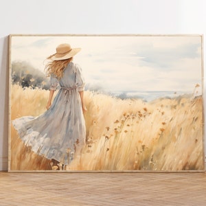 Girl in Field Art, Woman Portrait PRINTABLE, Summer Meadow Wall Art, Romantic Woman Portrait Print, Moody Female Wall Art, Sunny Painting