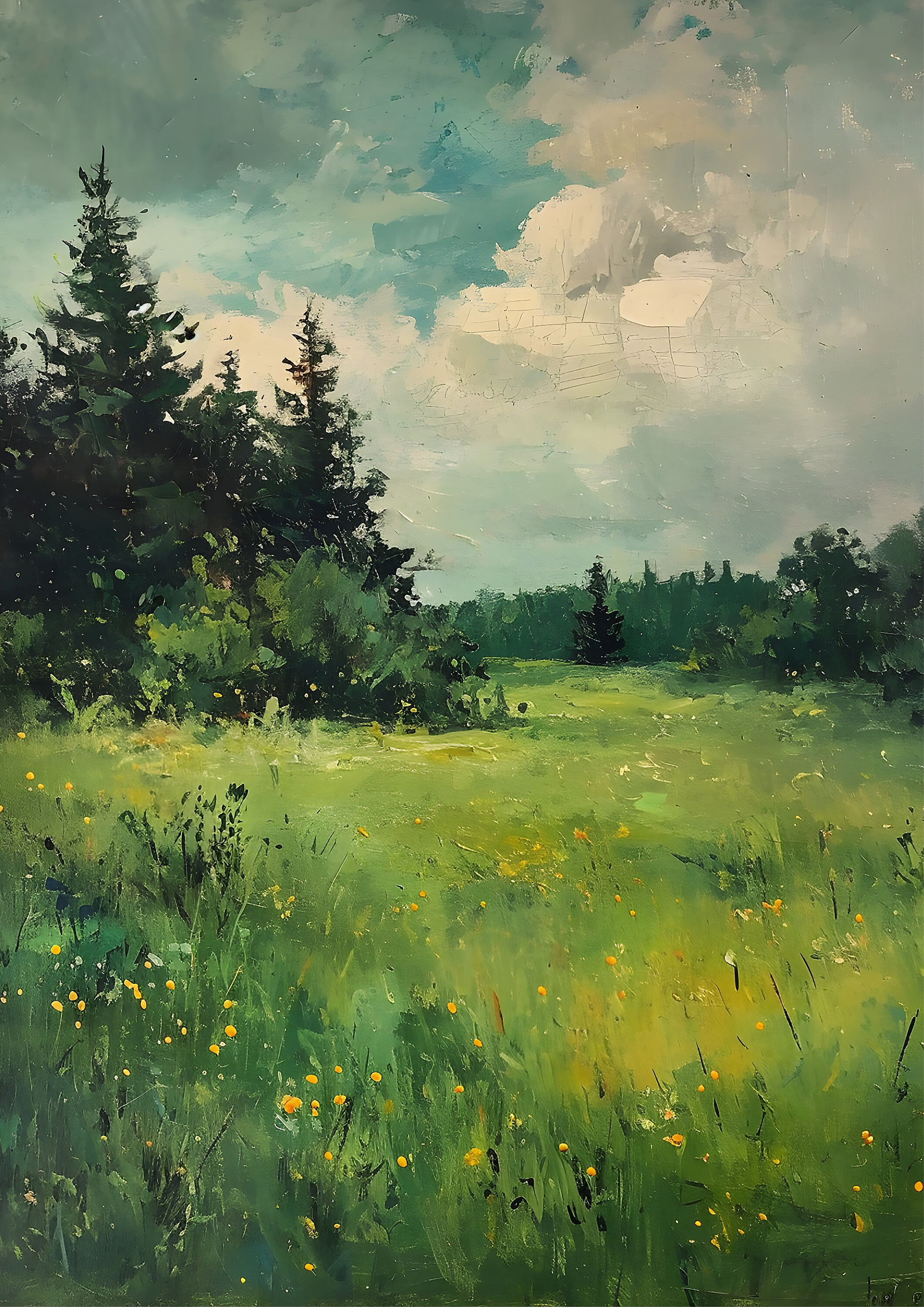 ヴィンテージ風の野花咲く草原の油絵：春の風景画（デジタル