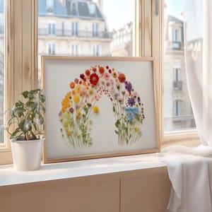 Puede incluir: Una impresión enmarcada de un arcoíris hecho con flores prensadas. Las flores están dispuestas en forma de semicírculo, con los colores del arcoíris que van del rojo al violeta. La impresión está sobre un fondo blanco y tiene un marco de madera.