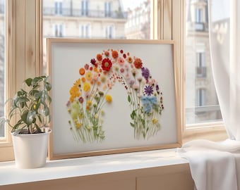 Arte digital com flores prensadas em arco-íris, arte com flores silvestres do orgulho gay, arte com flores prensadas, arte de parede botânica, arte de parede colorida, arco-íris