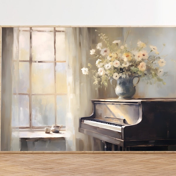 Fleurs et oeuvre d'art mural piano à imprimer, peinture pour piano, oeuvre d'art murale musique, impression d'art piano, décoration de salon tons doux, décoration académique claire