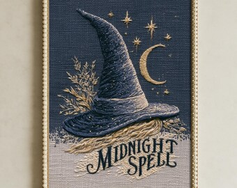Witch Hat Printable Wall Art, Midnight Spell Moon Stars, Moody Vintage Halloween Decor, Dark Cottagecore Witchy Print, Digital Download