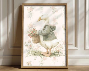 Vintage Goose with Strawberries Print - Cottagecore Nursery Art, Charming Nursery Decor, Cozy Farmhouse, Printable Wall Art Download