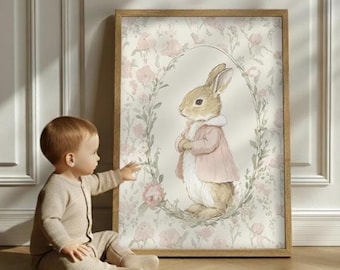 Cottagecore Bunny in Pink Coat - Watercolor Rabbit Art, Vintage Nursery Wall Decor, Whimsical Art, Printable  Kids Room Decor