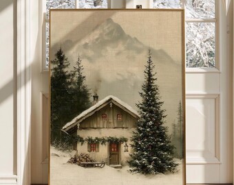 Vintage Alpine Christmas Cabin Print, Snowy Winter Cottage Wall Art, Rustic Chalet Decor, Christmas Printable, Digital Download