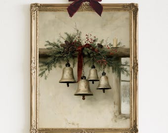 Vintage Christmas Bells Print | Antique Brass Bells Farmhouse Painting | Rustic Holiday Wall Art | Digital Download