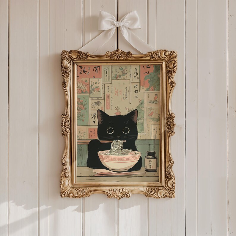 Charming cat poster for dining area — cozy black cat with chopsticks creates a warm, Japanese-inspired atmosphere.