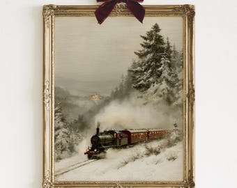 Vintage Steam Train Print | Moody Winter Snow Landscape Painting | Nostalgic Christmas Train Wall Art | Digital Download