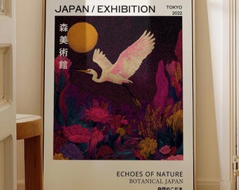 Vintage Crane in Flight Japanese Poster - Modern Japanese Museum Exhibition, Moody Botanical Art, Printable Wall Art, Digital Download