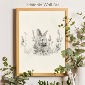 Neutral Bunny Sketch Wall Art, Vintage Easter Bunny Drawing, Nursery Spring Decor, Farmhouse Printable Wall Art, Vintage Nursery Bunny Print