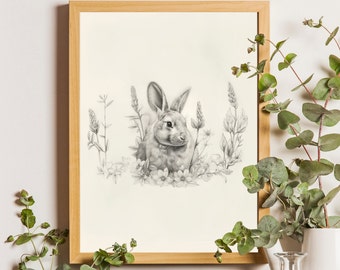 Vintage Bunny Sketch Print: Neutral Farmhouse Nursery Art (Digital Download)