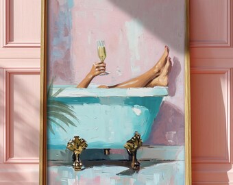 May include: Framed artwork depicting a person relaxing in a teal clawfoot bathtub, holding a champagne glass. The painting has a soft, impressionistic style with pink and blue tones. The frame is gold.