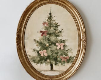 Vintage Christmas Tree Painting Printable Wall Art, Dusty Rose Bows, Farmhouse Holiday Decor, Rustic Muted Christmas Download