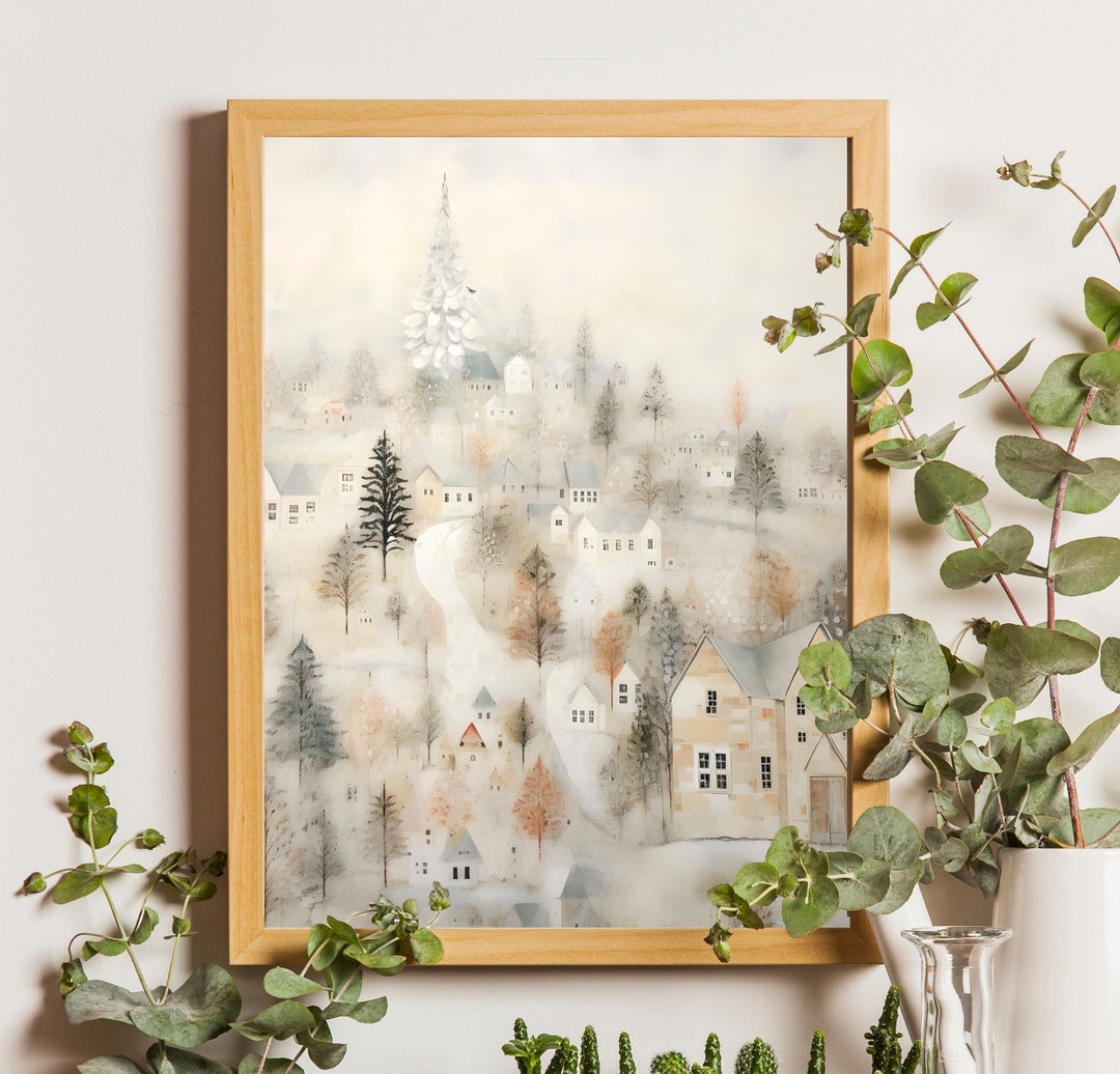 Rustic Snowy Winter Forest Print, Vintage Winter Village Painting ...