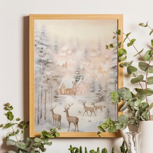 Bosque nevado pared arte ciervos pintura Navidad pared arte imprimible rústico vintage Navidad decoración naturaleza pared arte invierno niños decoración