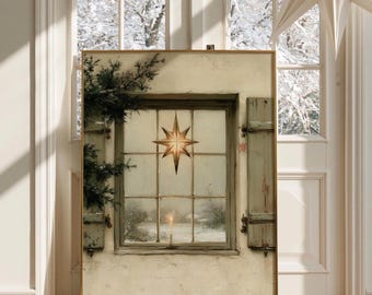 Vintage Christmas Star Window Print, Golden Star Winter Wall Art, Neutral Christmas Decor, Snowy Window Printable, Digital Download