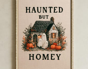 Haunted But Homey Cottagecore Halloween Decor, Ghost Family Art, Vintage Halloween Embroidery Style, Rustic Autumn Decor, Digital Download