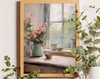 Pintura de naturaleza muerta con flores rosas junto a la ventana (arte imprimible)