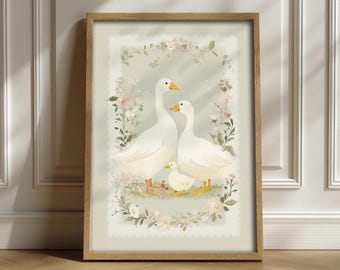 Cottagecore Goose Family Art – Whimsical Nursery Print, Silly Goose, Vintage Farmhouse Decor, Instant Digital Download