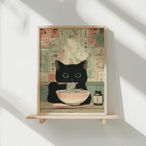 Black cat digital print for dining area — delightful ramen scene, featuring warm neutrals and soft pastels in a retro style.