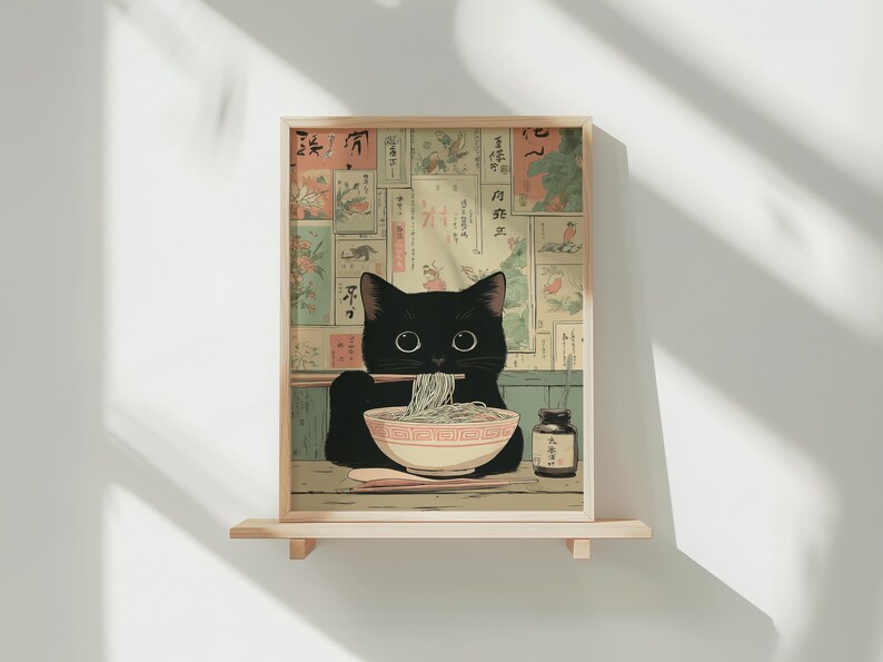 Black cat digital print for dining area — delightful ramen scene, featuring warm neutrals and soft pastels in a retro style.