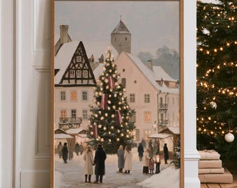 Vintage European Christmas Village Print, Old World Christmas Market Wall Art, Snowy Winter Town Printable, Digital Download