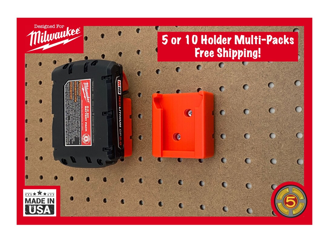 5 or 10 Multipack Milwaukee Battery Holder Pegboard Mount Battery