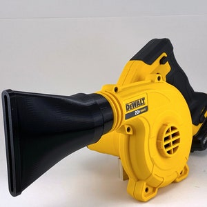 May include: A yellow and black DeWalt 20V MAX cordless blower. The blower has a black nozzle and handle, with the DeWalt logo prominently displayed. The battery is also black and yellow.