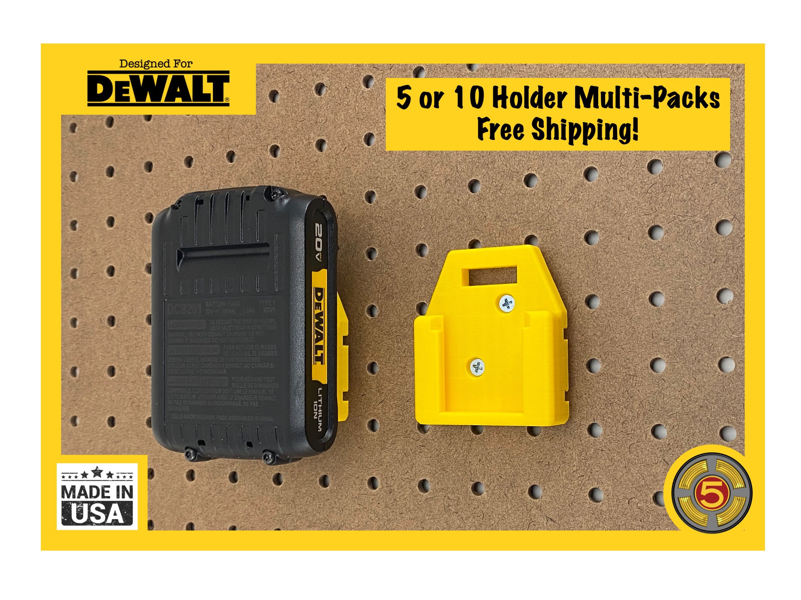 5 or 10 Multi pack Dewalt Battery Holder Pegboard Mount battery