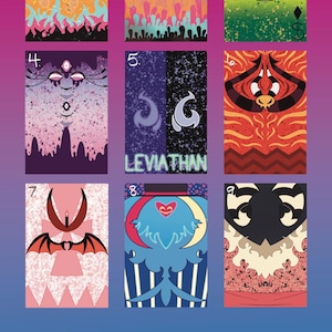 May include: Nine colorful tarot card illustrations with stylized character designs. Each card features a unique creature or symbol, with vibrant color palettes including orange, blue, pink, and green. The cards have a vertical rectangular shape.