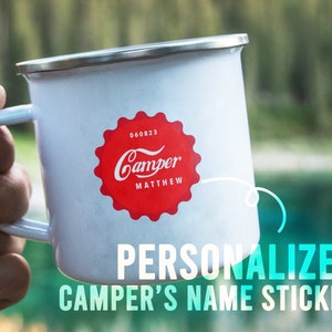 Gepersonaliseerde Camping Mok Naam Sticker｜Camper Mok Naam Sticker｜Aangepaste Naam Sticker voor Kampvuur Mok, Tumbler, Trunk, Cooler｜Gratis verzending