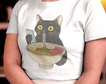 Cute Cat Ramen Tee Kawaii Kitty Noodle Shirt Anime Foodie Cat Lover Design