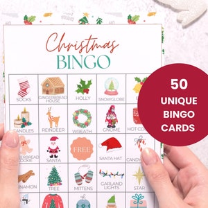 Christmas Bingo Printable Game for kids, family and friends, 50 Unique Bingo Cards included, INSTANT DOWNLOAD