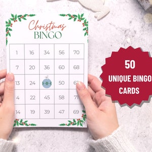 Kerstbingokaarten met cijfers, leuk printbaar spel voor kinderen, familie en vrienden voor kerstavond, 50 unieke bingokaarten DIRECT DOWNLOADEN