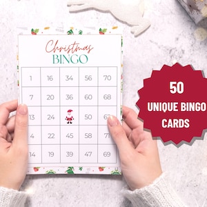 Karty bingo na święta Bożego Narodzenia z numerami, do wydrukowania, zabawna gra dla dzieci, rodziny i przyjaciół na Wigilię, 50 unikalnych kart bingo NATYCHMIASTOWE POBIERANIE