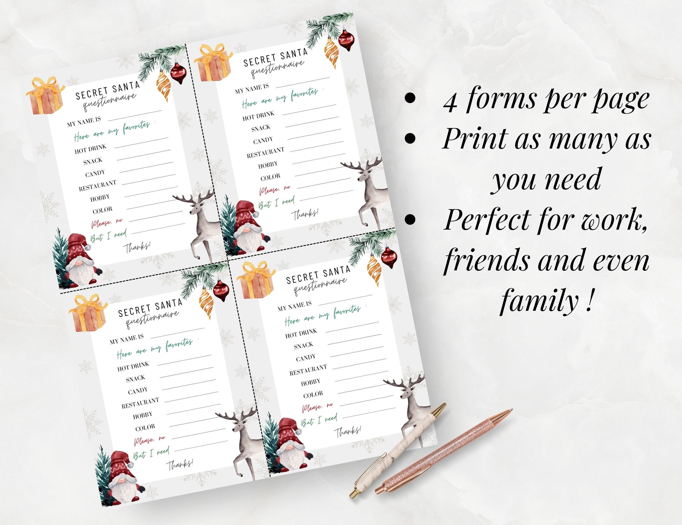 Secret Santa Questionnaire Printable Secret Santa Form 4 to a - Etsy