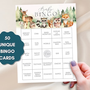 Cartes préremplies de bingo pour baby shower des bois, thème des animaux de la forêt, jeu de baby shower de créatures de la forêt, cadeaux de bingo, 50 cartes à imprimer