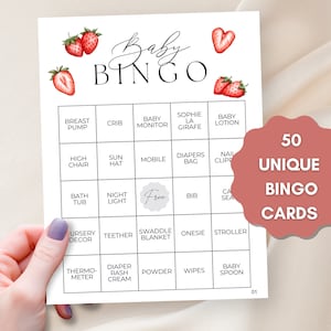 ストロベリー ベビーシャワー ビンゴ プレフィルド カード、ストロベリーをテーマにしたベビーシャワー、印刷可能なベビーシャワー ビンゴ ゲーム PDF、ギフト ビンゴ、50 枚のカード