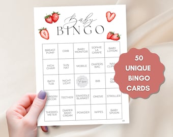 Strawberry Baby Shower Bingo Prefilled Cards, Strawberry Themed Baby Shower, Printable Baby Shower Bingo Game PDF, Gifts Bingo, 50 Cards
